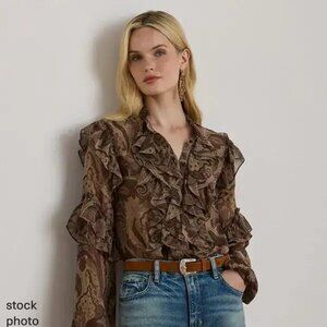 Lauren Ralph Lauren Women's Paisley Ruffle-Trim Chiffon Blouse L New MSRP 145.00